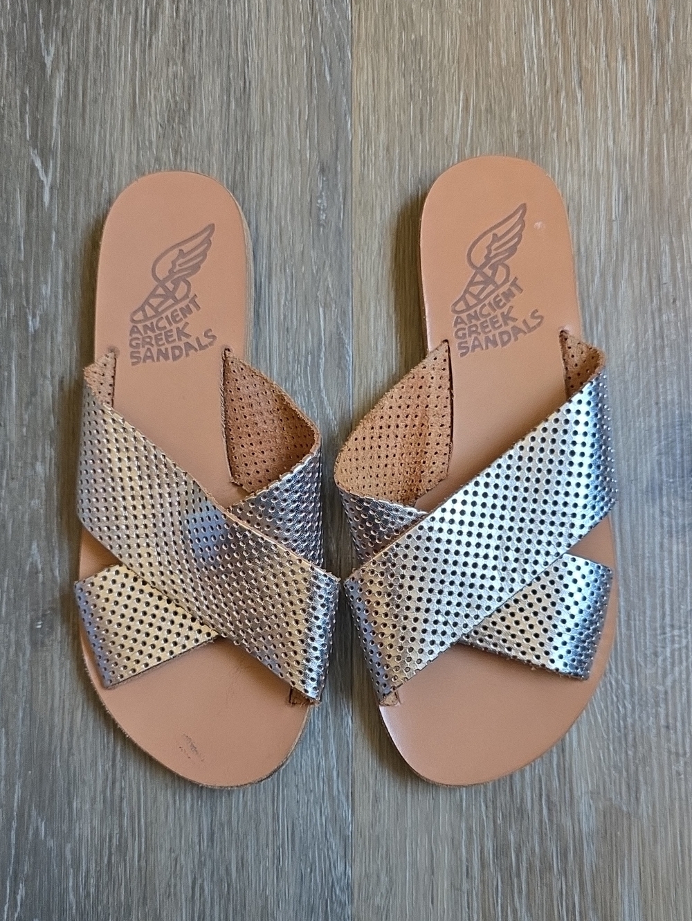 Ancient Greek Sandals Metallic Silver Perforated Crossover Slide Sandals